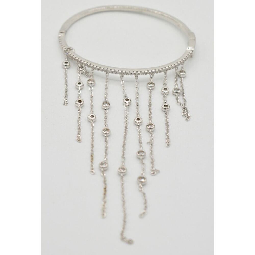 Vintage Bangle Bracelet Fringe Chain Rhinestone Open Bezel Crystal Silver BinD